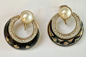 Vintage TAT Clip-On Earrings Gold Tone Rhinestone Faux Pearl Statement Jewelry